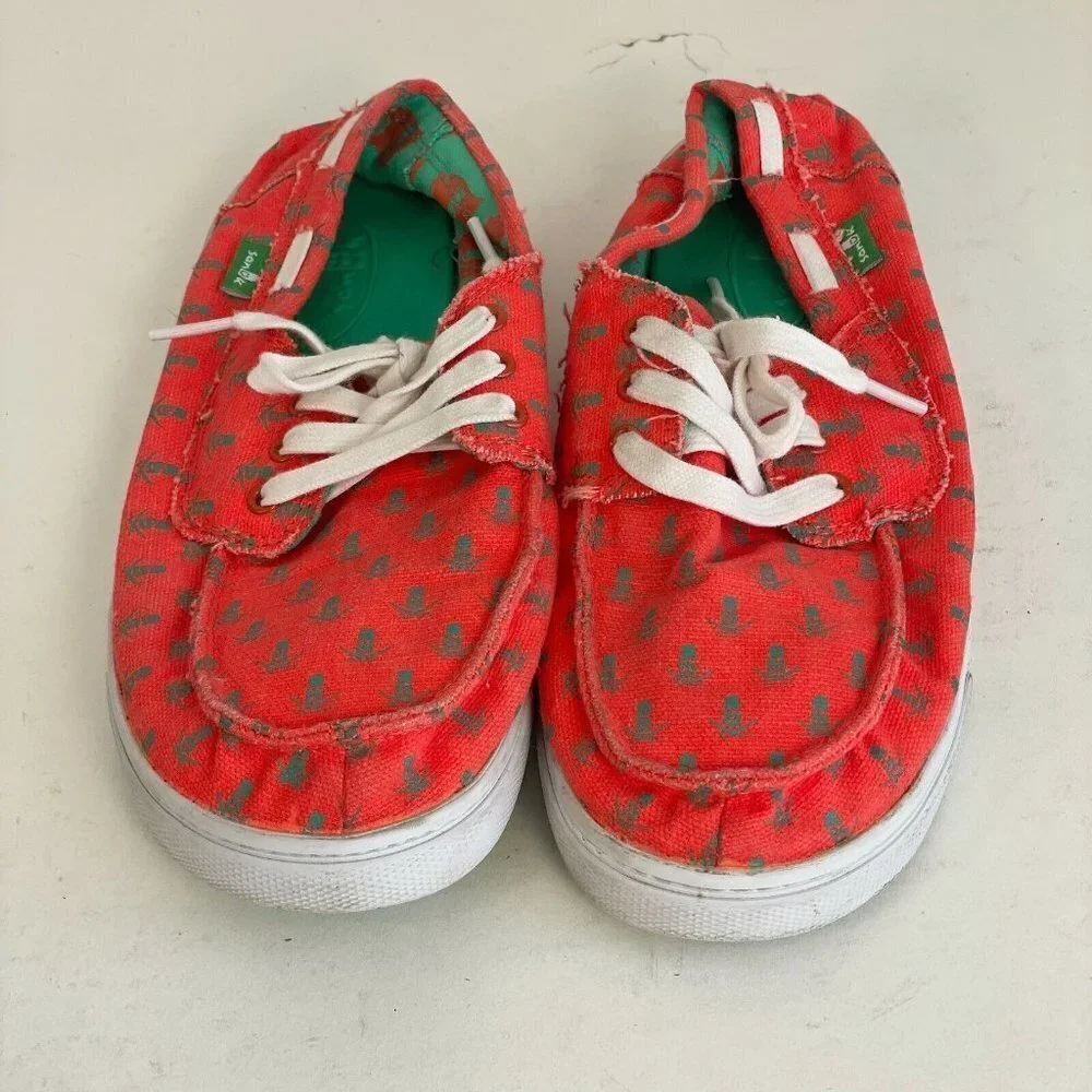 Sanuk Youth Sidewalk Surfer Lace Up Boat Shoes Red‎ 4 Printed Canvas Low Casual